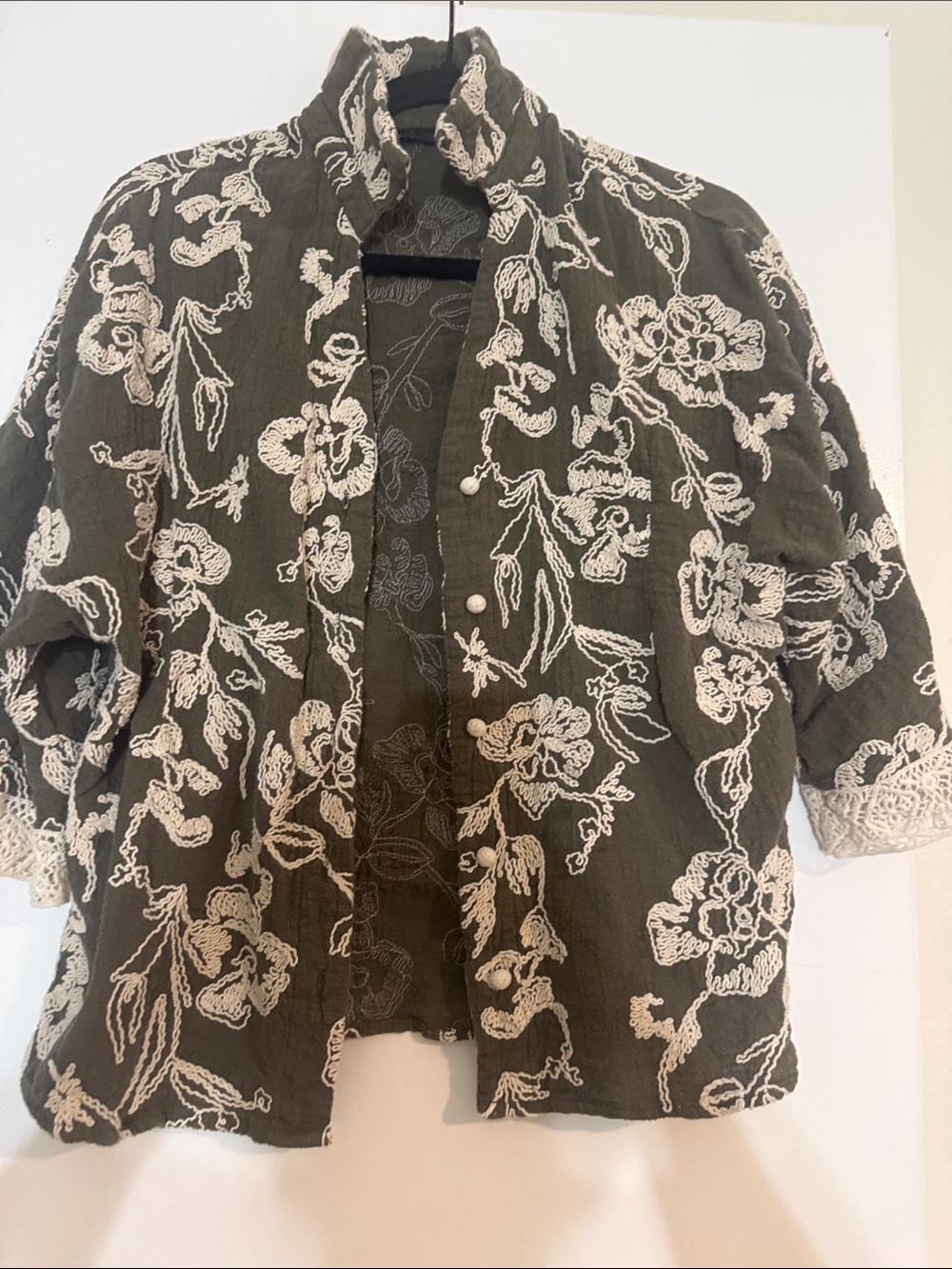 Zara Olive Green Embroidered Button-Up Jacket